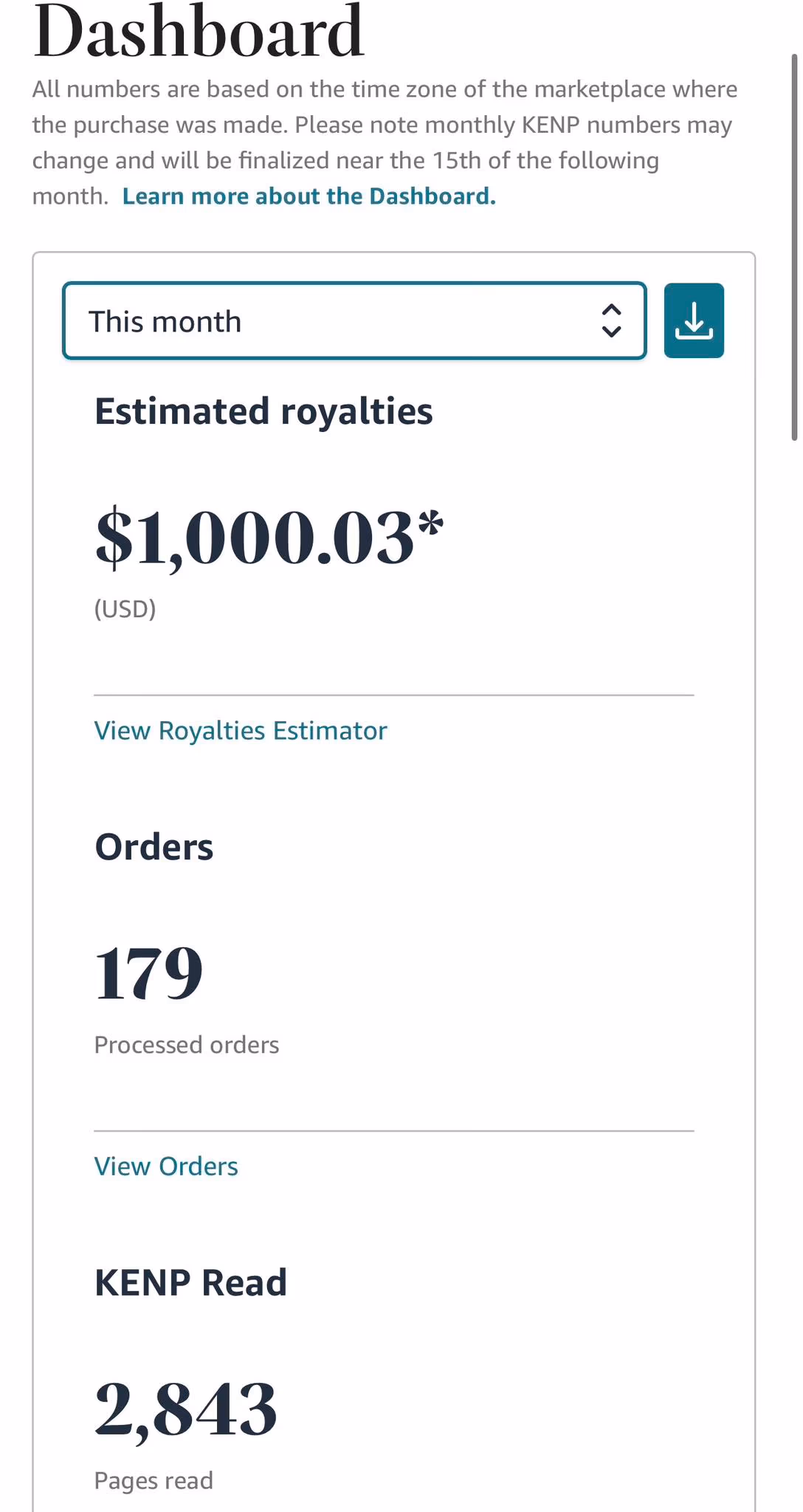 Amazon KDP-Dashboard — $1,000.03 diesen Monat