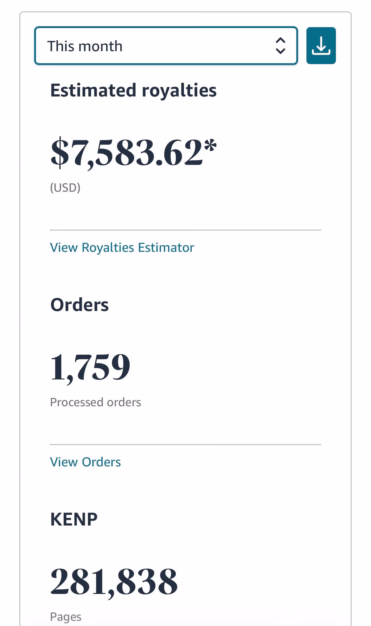 Amazon KDP dashboard — $7,583.62 this month